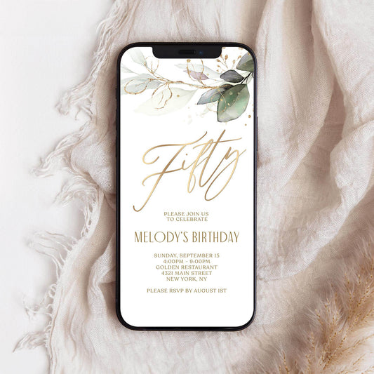 Digital Greenery Fifty 50th Birthday Invitation Template | Boho Phone Party Invite | Text Message Evite | Instant Download
