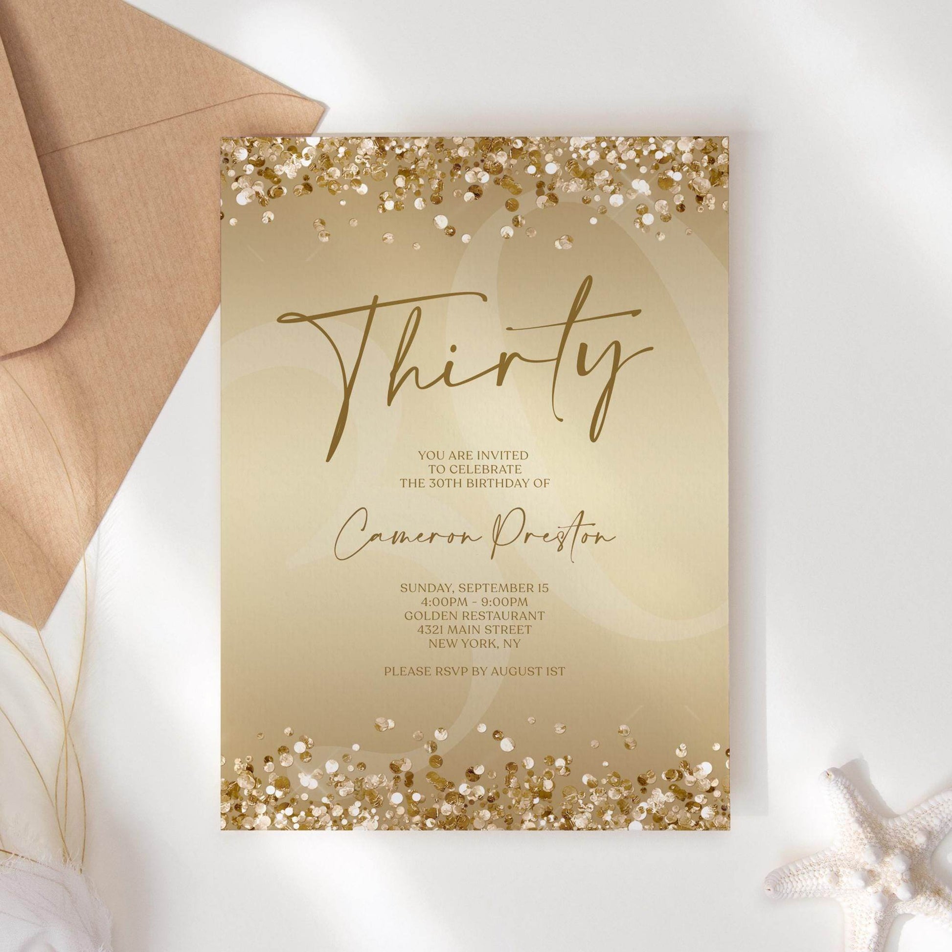 Gold Thirty 30th Invitation Template Printable, Editable Gold Confetti 30th Birthday Invite, Email Text Message, Ladies Surprise Party Card