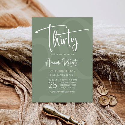 Sage Green 30th Birthday Invitation Template, Editable Design, Celebrate Thirty