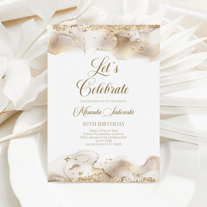 Printable Let's Celebrate White Gold Birthday Invitation Template, Any Age Gold Birthday Invite, Editable Let's Celebrate Birthday Card 5x7