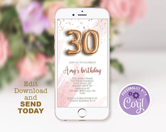 Gold Electronic 30th Birthday Text Invitation Template, Editable Thirty Birthday Text Invite, Pink Digital Birthday Announcement Evite, Instant Download