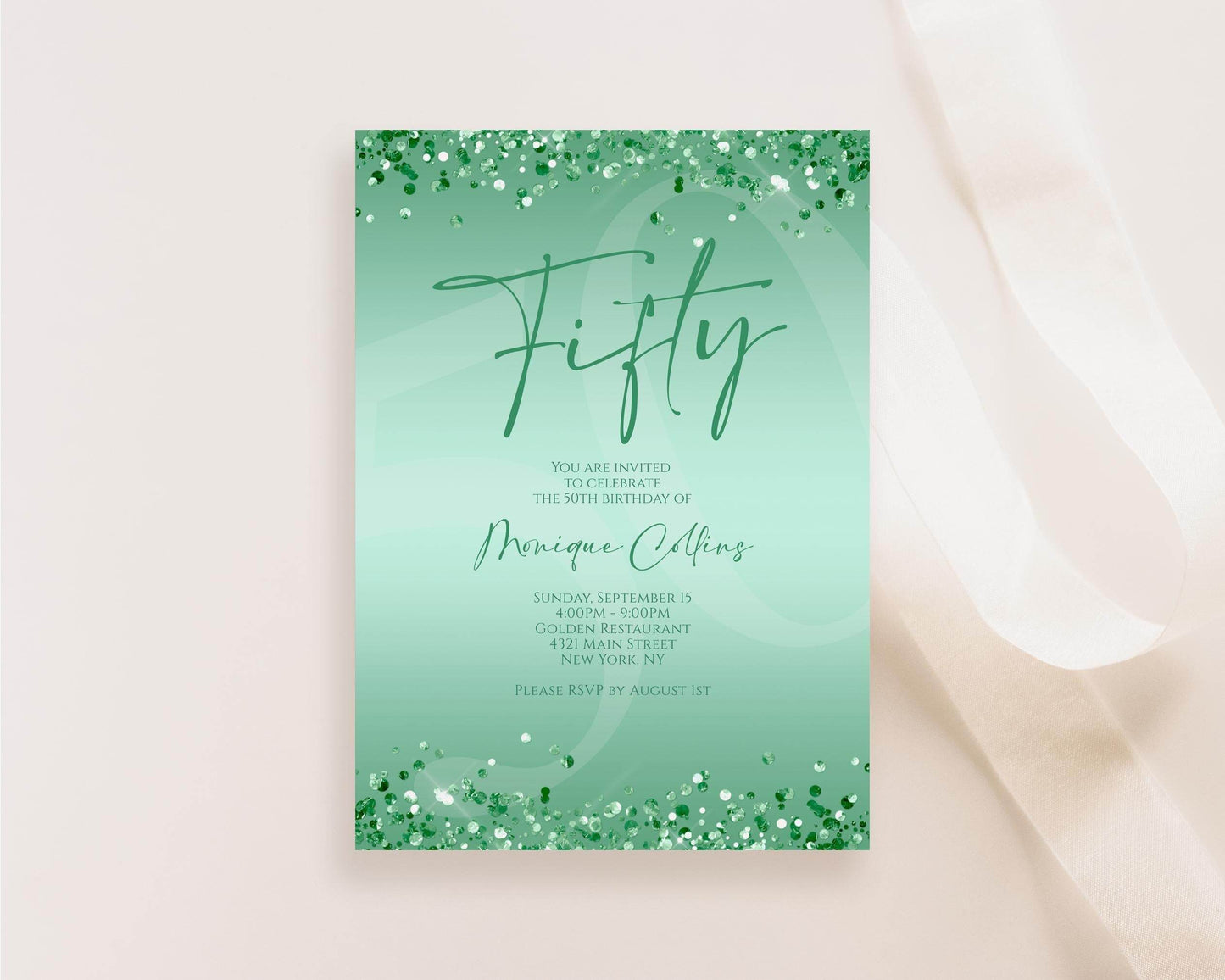 Printable Mint Green 50th Birthday Invitation Template – Editable Digital Mint Birthday Card | Women’s 50th Party Invite | Instant Download