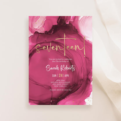 Fuchsia Pink Gold 17th Seventeen Birthday Invitation Template, Printable Girl Birthday Dinner Invite, Editable Pink Party Surprise Invite