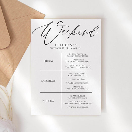 Itinerary Template, Printable Bachelorette Itinerary, Weekend Schedule, Birthday Itinerary, Editable Hens Party Black White, Instant Download