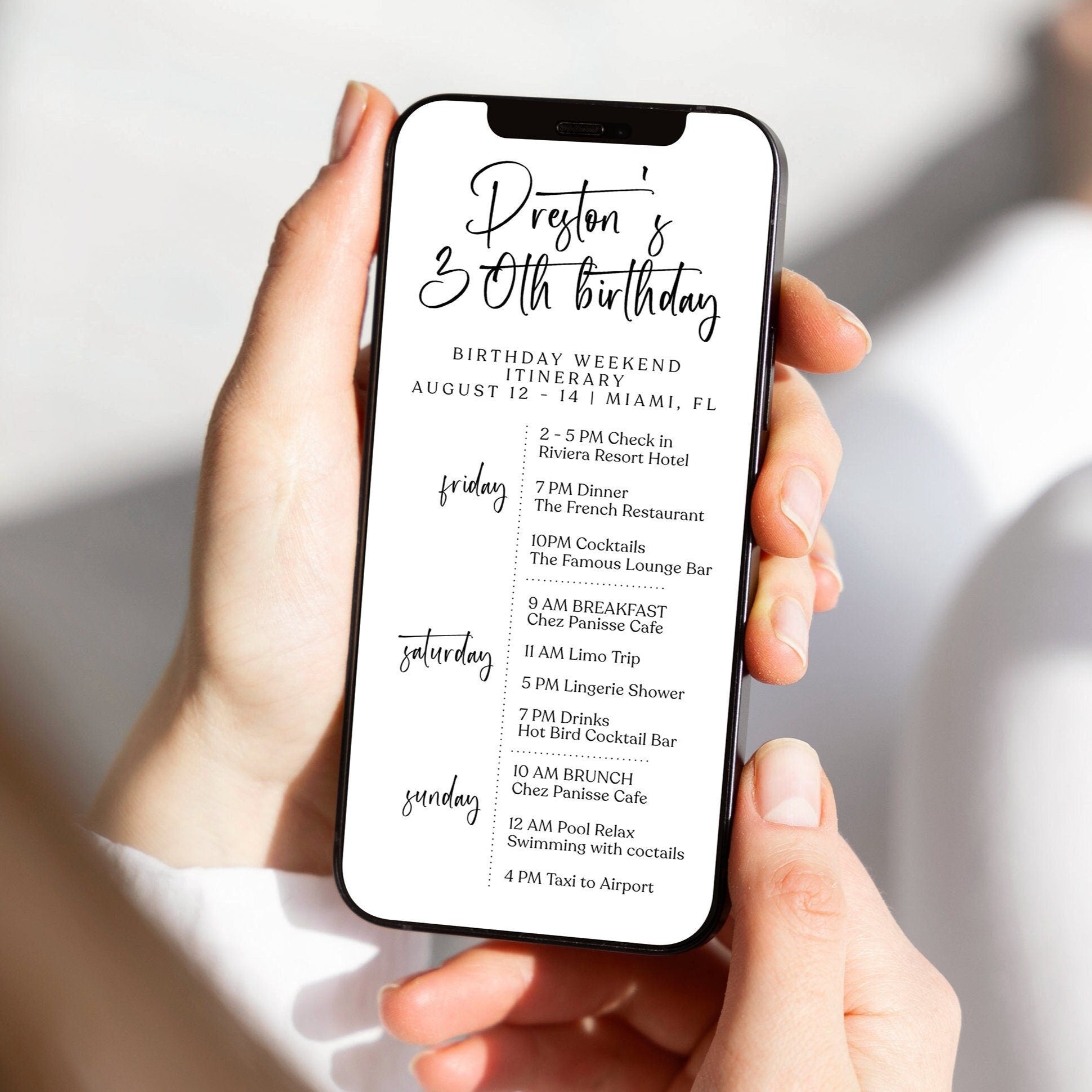 Digital White Birthday Weekend Itinerary Template | Simple Editable Itinerary | Minimalist Weekend Schedule | Electronic Birthday Evite