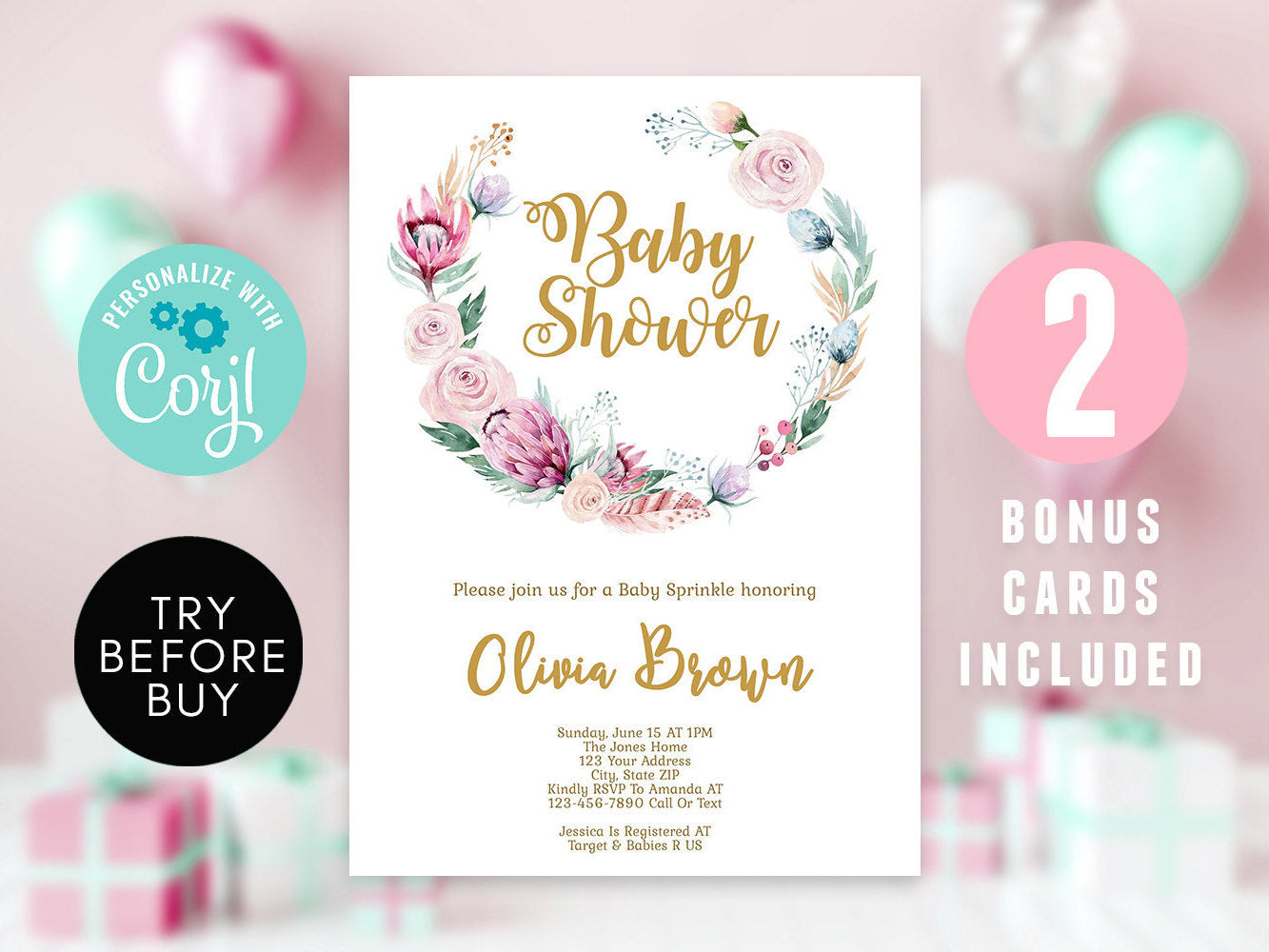 Floral Baby Shower Invitation Template - Pink Gold Watercolor | Instant Download Digital DIY