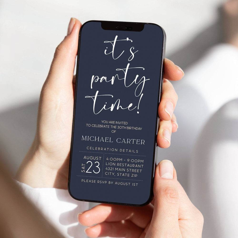Minimal Modern Digital Party Invitation – Navy Phone Evite Template – Editable Mobile Text Message Invite – Custom Instant Download