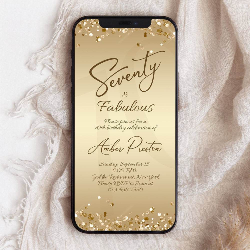 Digital 70th Seventy and Fabulous Dinner Party Invitation – Editable Gold 70th Birthday Evite for Her | Electronic Ladies Invite Template | Instant Download
