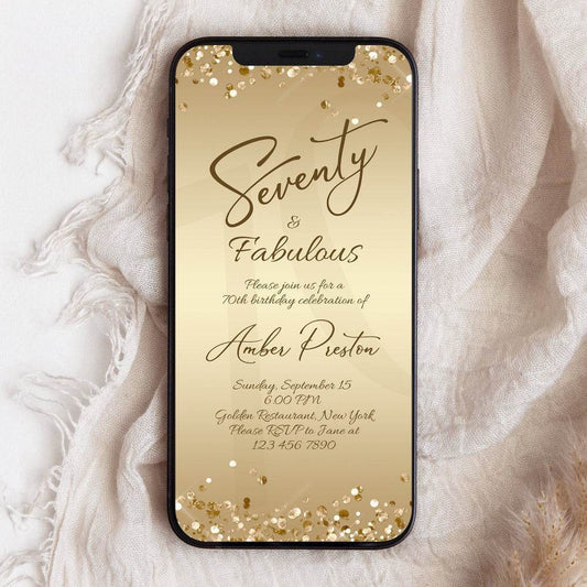 Digital 70th Seventy and Fabulous Dinner Party Invitation – Editable Gold 70th Birthday Evite for Her | Electronic Ladies Invite Template | Instant Download
