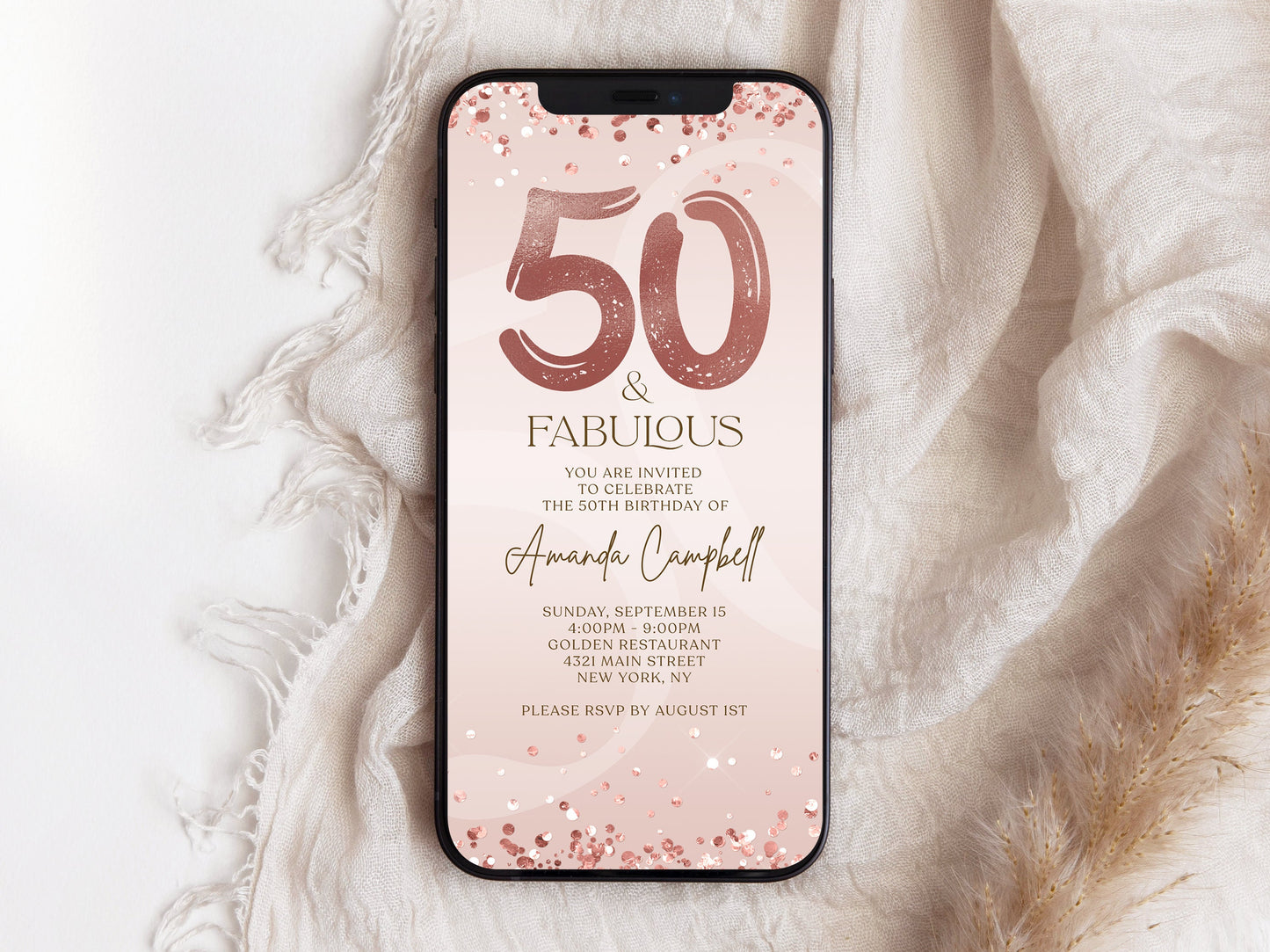 Digital Fifty and Fabulous Dinner Party Invite, 50th Birthday Invitation, Editable Rose Gold Ladies Evite, Electronic Text Message Evite