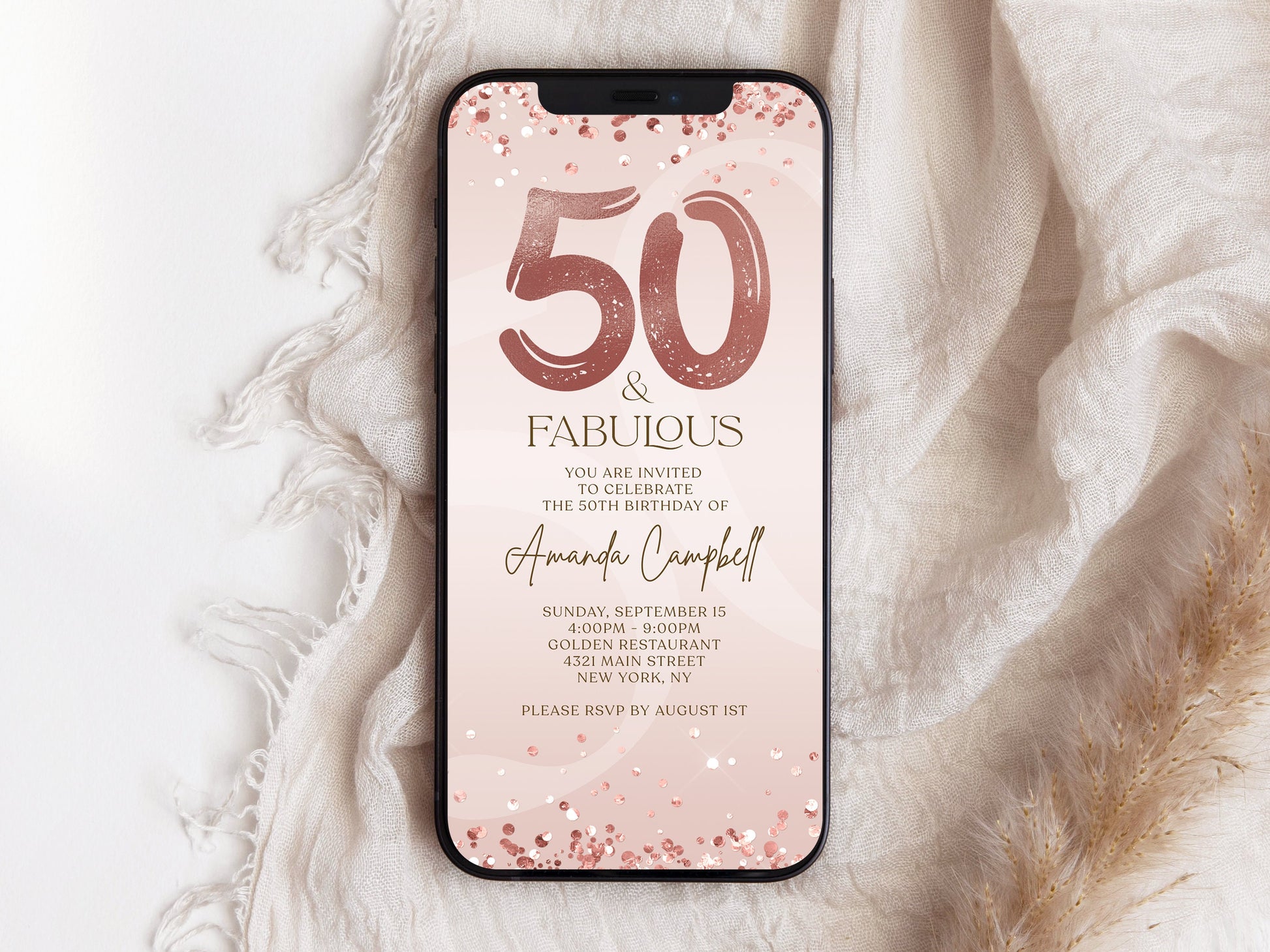 Digital Fifty and Fabulous Dinner Party Invite, 50th Birthday Invitation, Editable Rose Gold Ladies Evite, Electronic Text Message Evite
