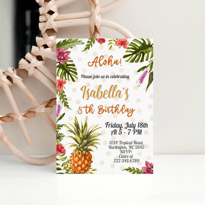Aloha Birthday Invitation Template, Tropical Luau Birthday Invite, Editable Hawaiian Pineapple Party, Instant Download, Printable DIY Invite