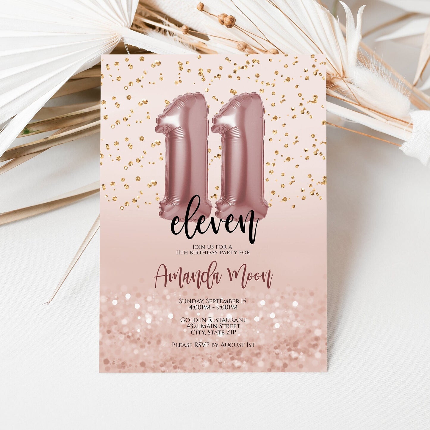 Printable 11th Birthday Invitation Template – Editable Digital Eleven Birthday Invite – Rose Gold Balloons – Email & Text Message Evite – Instant Download