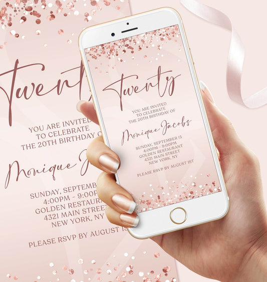 Digital Twenty 20th Birthday Invitation Template, Electronic Pink Birthday Invite, Rose Gold Confetti Birthday Evite, Editable Text Message