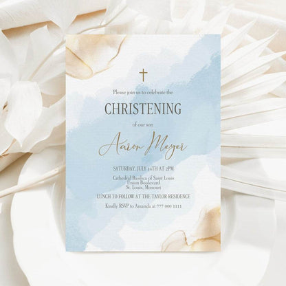 Boy Christening Invitation – Blue Gold Watercolor Printable Template – Editable Baptism Invite – Instant Download