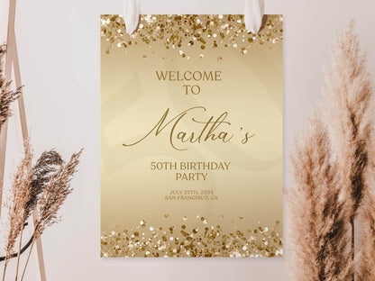 Printable Gold Any Age Birthday Welcome Sign Template, Editable Luxury Welcome Poster, Elegant Gold Birthday Decorations, Instant Download