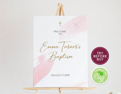 Baptism Welcome Sign for Girl | Pink Christening Party Decoration | Custom Baby Baptism Sign | Printable Christening Decor | Instant Download