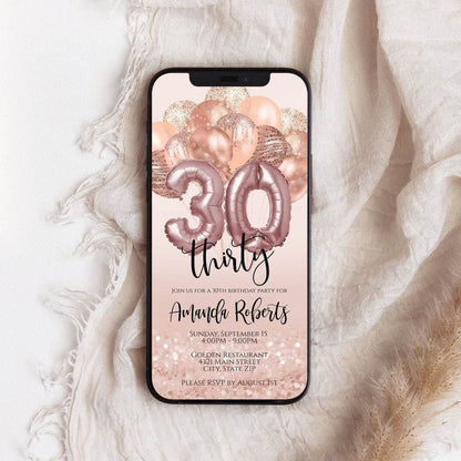 30th Birthday Invitation – Rose Gold Digital Evite – Editable Mobile Text Message Template – Electronic Invite for Her – Instant Download