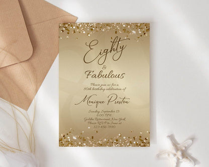 Gold 80th Birthday Invitation Template – Printable “Eighty & Fabulous” Party Invite | Editable Surprise Dinner Invite for Ladies | Digital Download