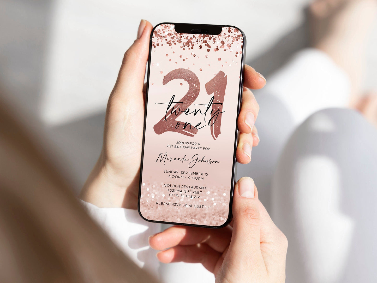 Electronic 21st Twenty One Birthday Invitation Template, Digital Rose Gold Foil Confetti Girl Party Editable Invite, DIY Text Message Evite