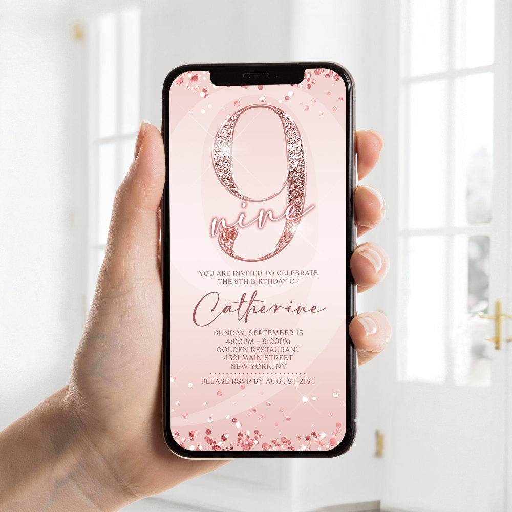 Digital Pink 9th Birthday Invitation Template | Editable Rose Gold Girl Party Invite | Instant Download Evite for 9th Birthday