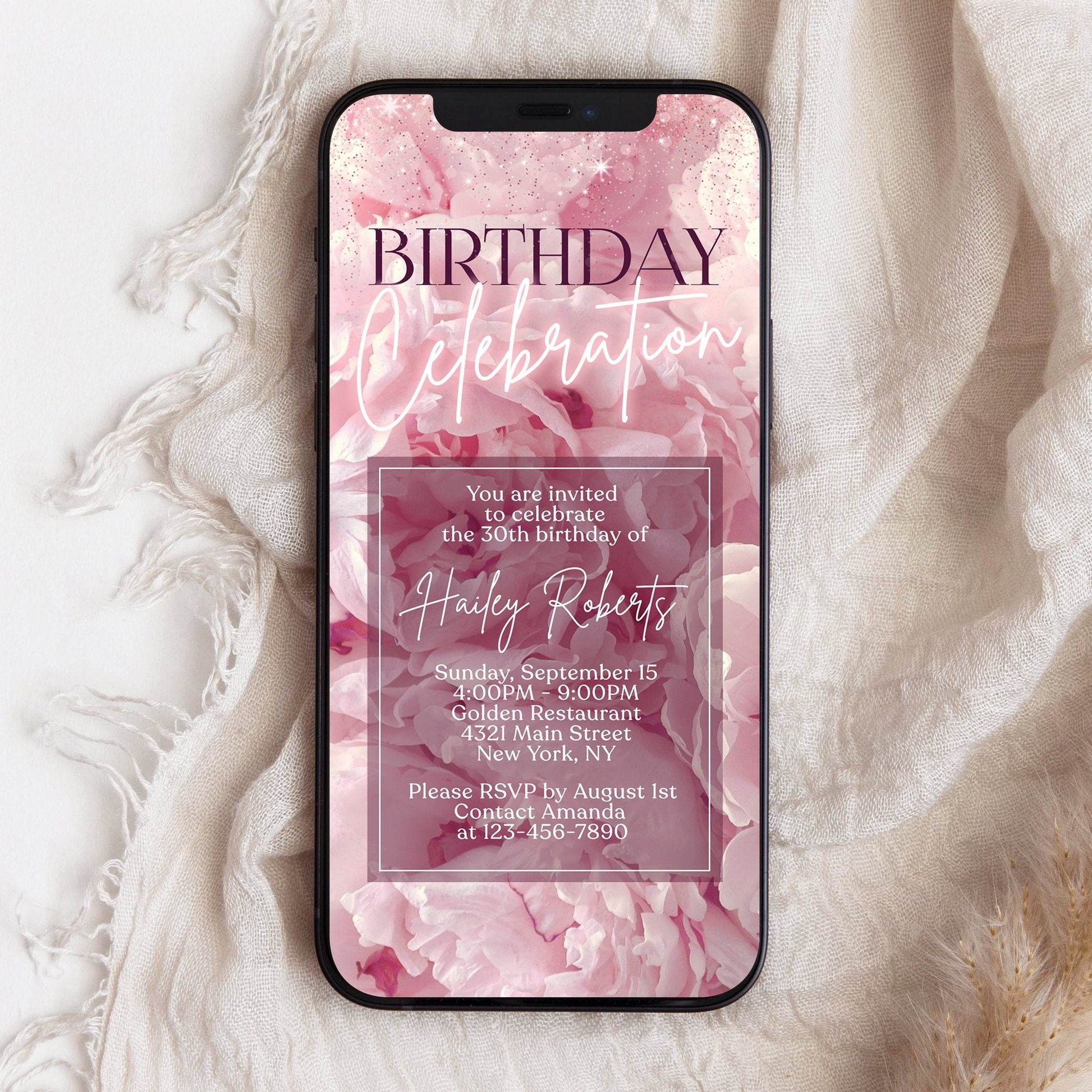 Digital Blush Pink Floral Birthday Celebration Invitation, Electronic Birthday Party Invite, Editable Phone Template, Text Message Evite