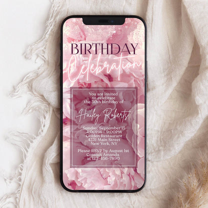 Digital Blush Pink Floral Birthday Celebration Invitation, Electronic Birthday Party Invite, Editable Phone Template, Text Message Evite