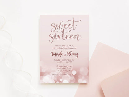 Sweet 16 Sixteen Rose Gold Glitter Birthday Invitation, Editable Invite Template, 5x7, Print or Text Digital Invitation, Instant Download