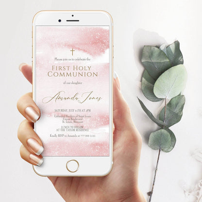 Girl First Holy Communion Invitation Template | Digital Pink Watercolor Editable Invite | Electronic Text Message Card | Instant Download