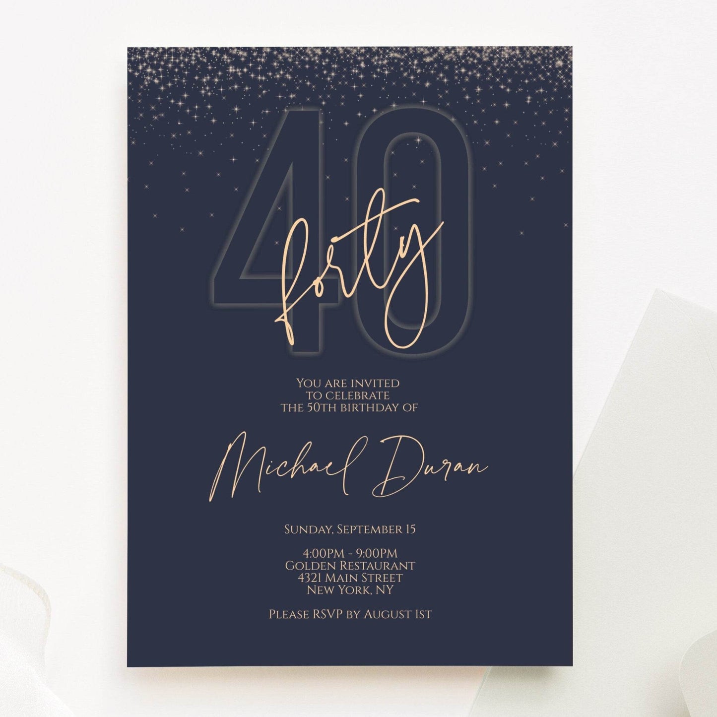 Blue Navy Gold 40th Birthday Invitation Template – Editable Printable Evite – Digital Email Text Invite for Men – DIY Forty Party Card