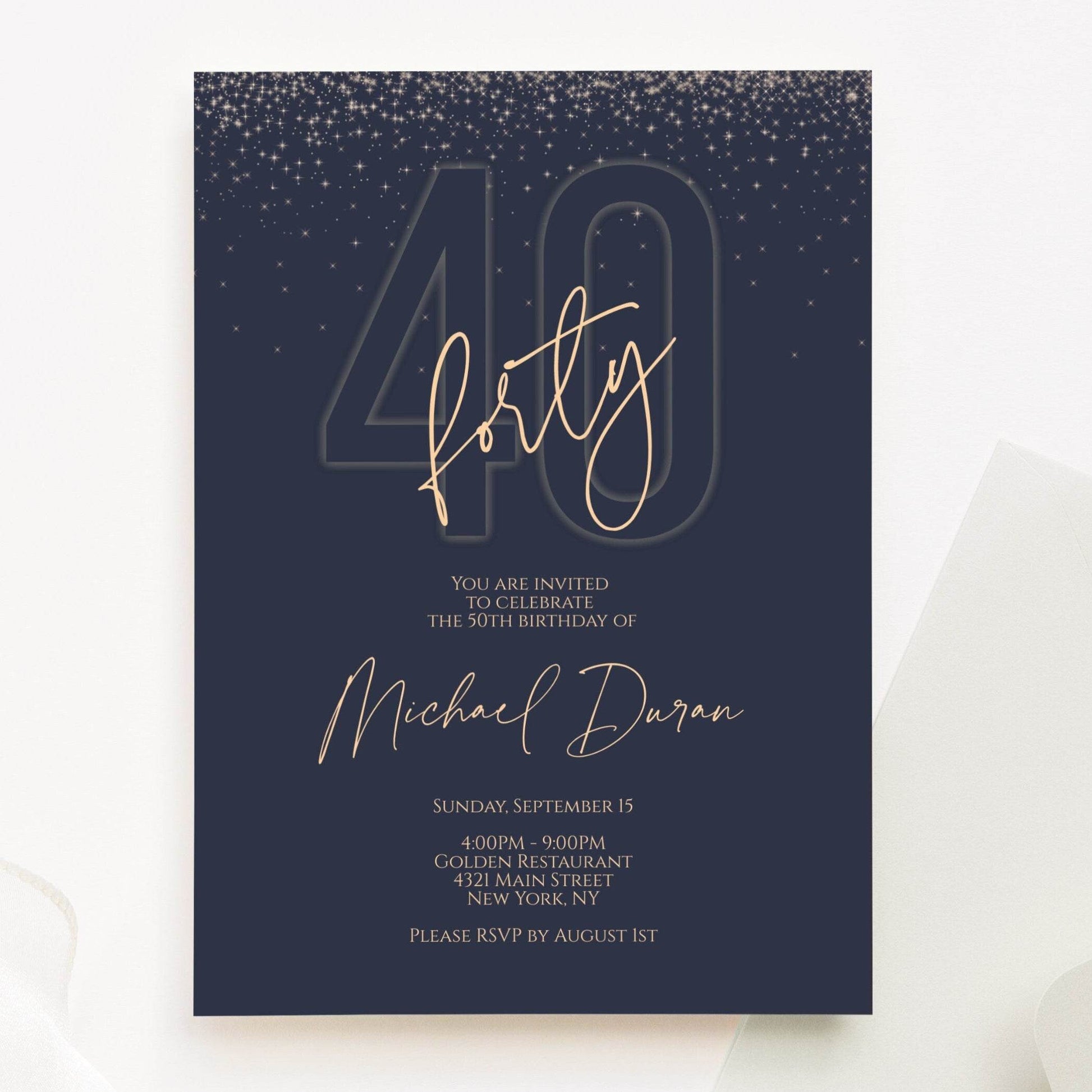 Blue Navy Gold 40th Birthday Invitation Template – Editable Printable Evite – Digital Email Text Invite for Men – DIY Forty Party Card