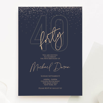Blue Navy Gold 40th Birthday Invitation Template – Editable Printable Evite – Digital Email Text Invite for Men – DIY Forty Party Card