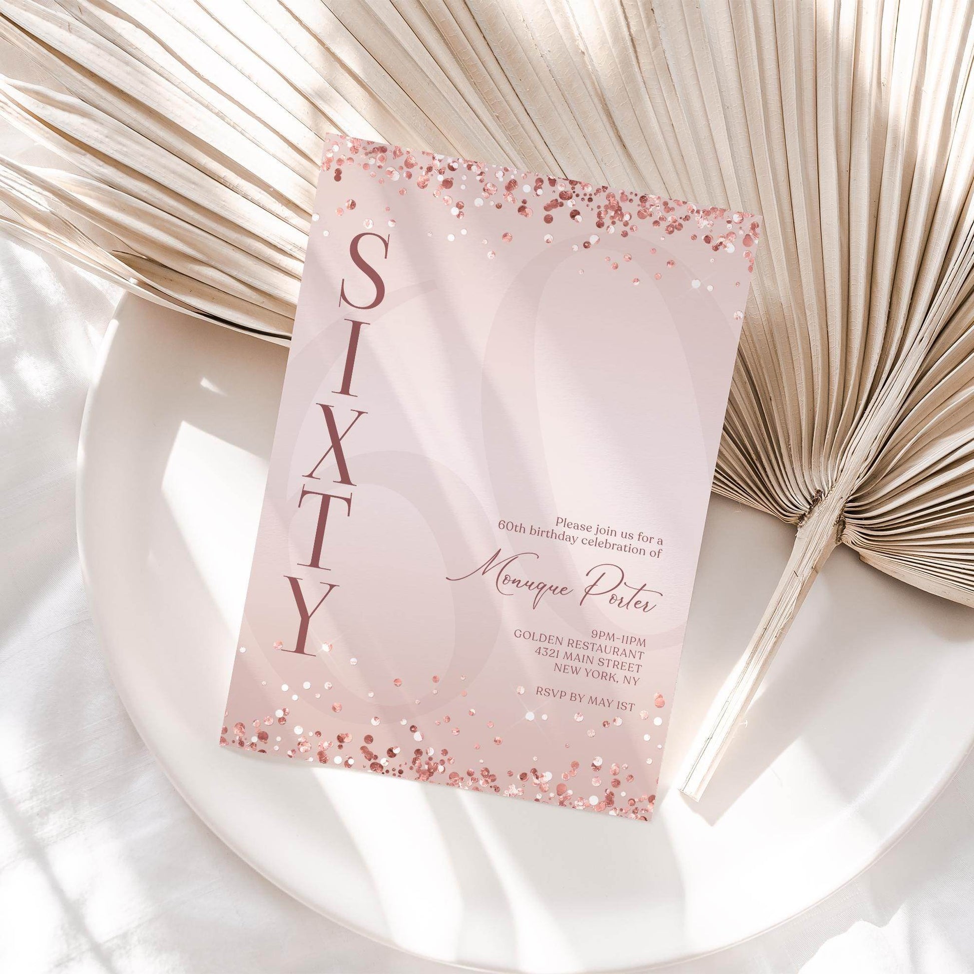 Pink Rose Gold 60th Birthday Invitation Template – Editable Surprise Party Invite – Printable Digital Sixty Birthday Evite – Email Text Message Download