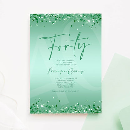 Mint 40th Birthday Invitation Template – Printable Glitter Confetti Invite for Women | Editable Luxury Party Evite | Email Text Message | Instant Download