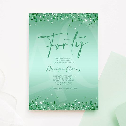 Mint 40th Birthday Invitation Template – Printable Glitter Confetti Invite for Women | Editable Luxury Party Evite | Email Text Message | Instant Download