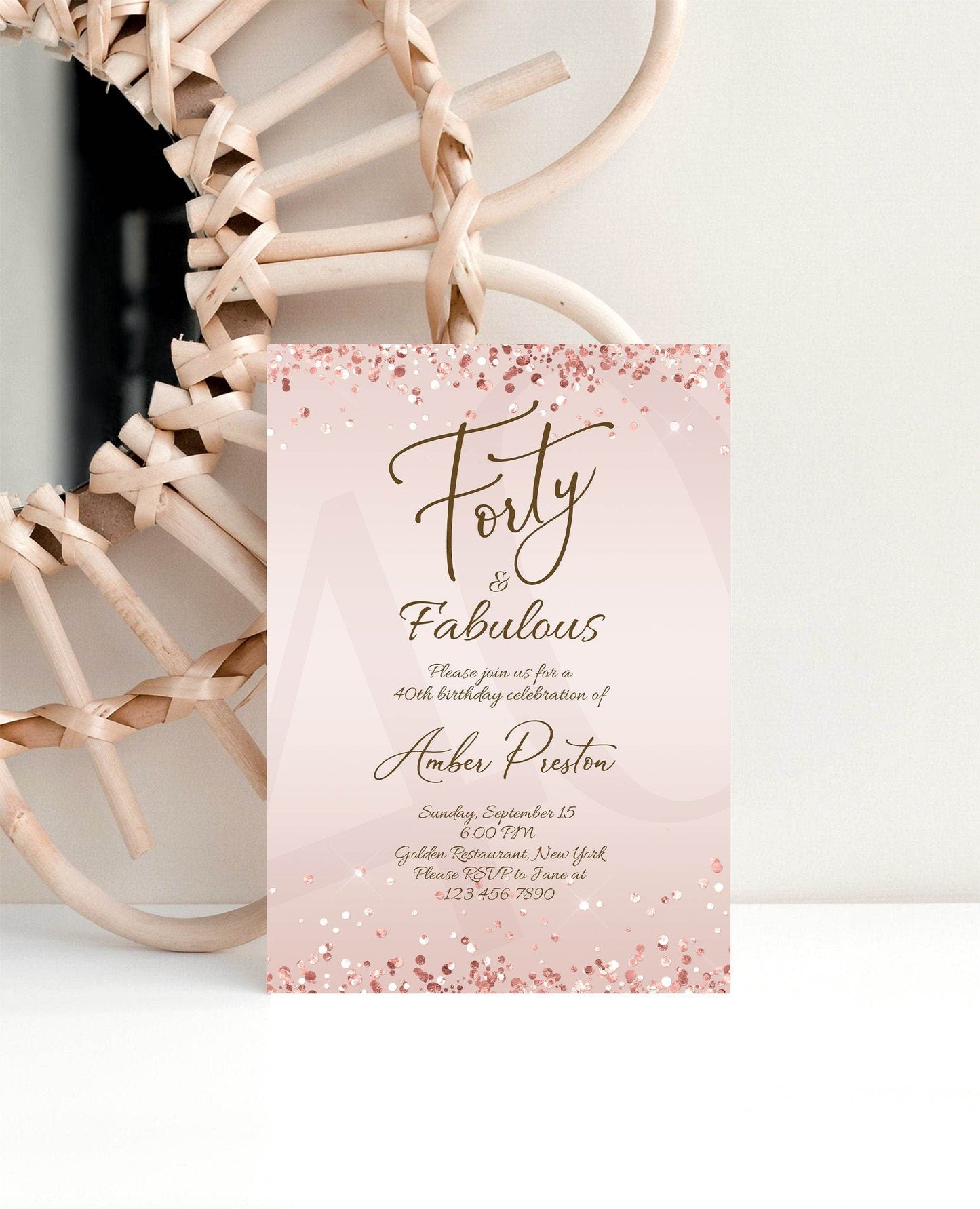 40th Birthday Invitation for Her | Editable Rose Gold Forty & Fabulous Party Invite | Surprise Party Template | Printable Women’s Birthday Card