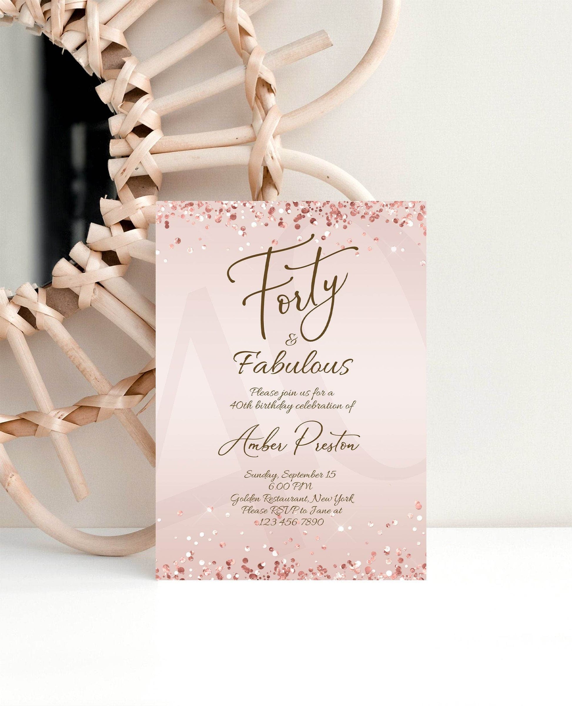 40th Birthday Invitation for Her | Editable Rose Gold Forty & Fabulous Party Invite | Surprise Party Template | Printable Women’s Birthday Card