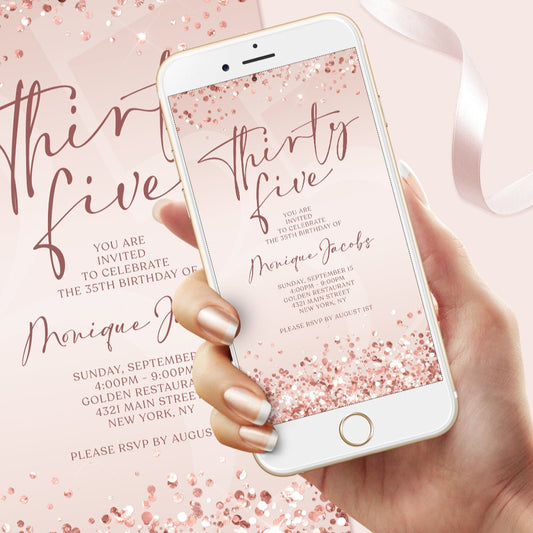 35th Birthday Invitation Digital Template | Editable Rose Gold Birthday Evite | Electronic Text Message Invite | DIY Instant Download