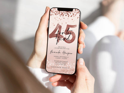 Digital 45th Forty Five Birthday Invitation Template, Electronic Rose Gold Invite, Editable Custom Woman Mobile Invite, DIY Text Message