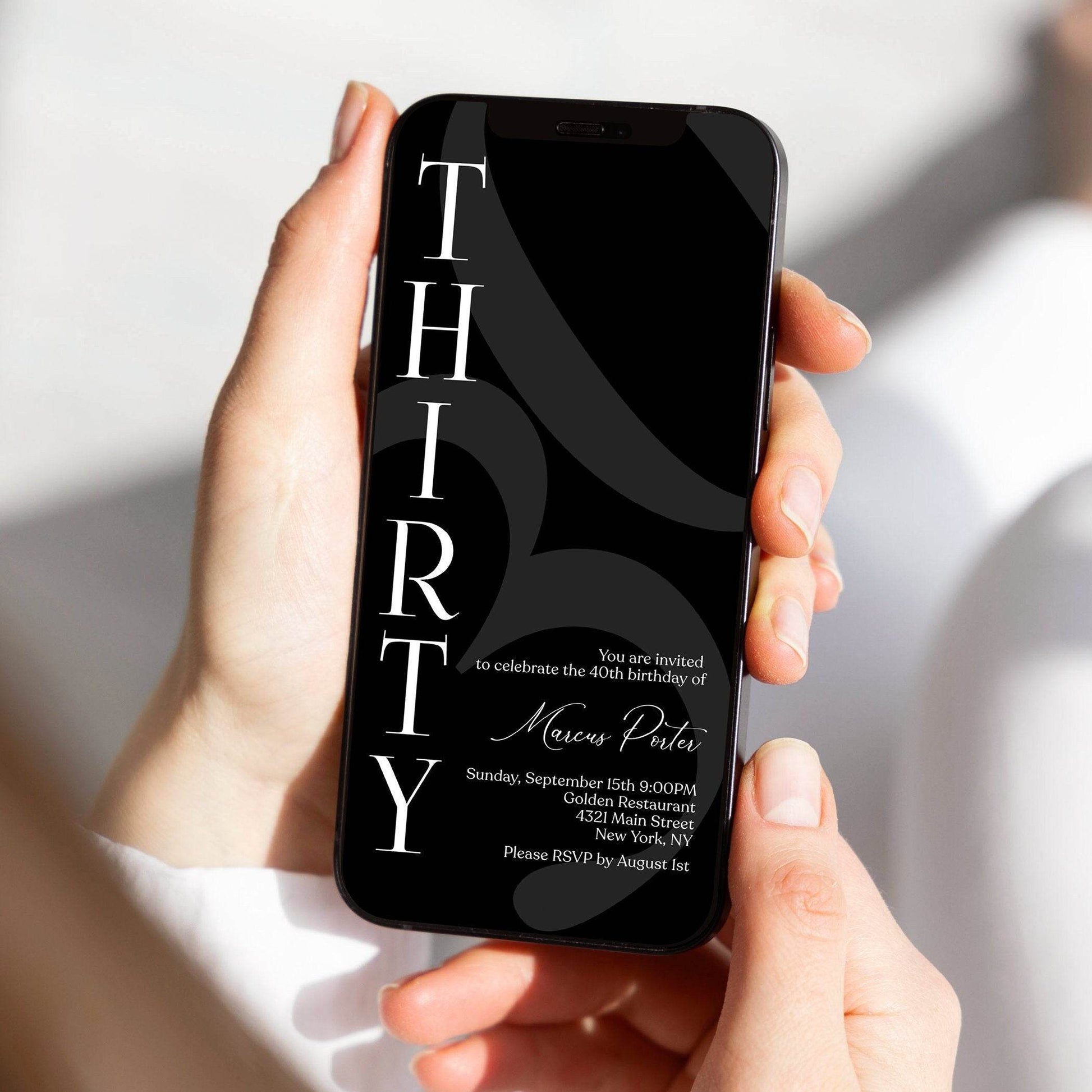 Black 30th Birthday Invitation Template, Minimalist Any Age Birthday Evite, Editable Text Message Digital Phone Invite