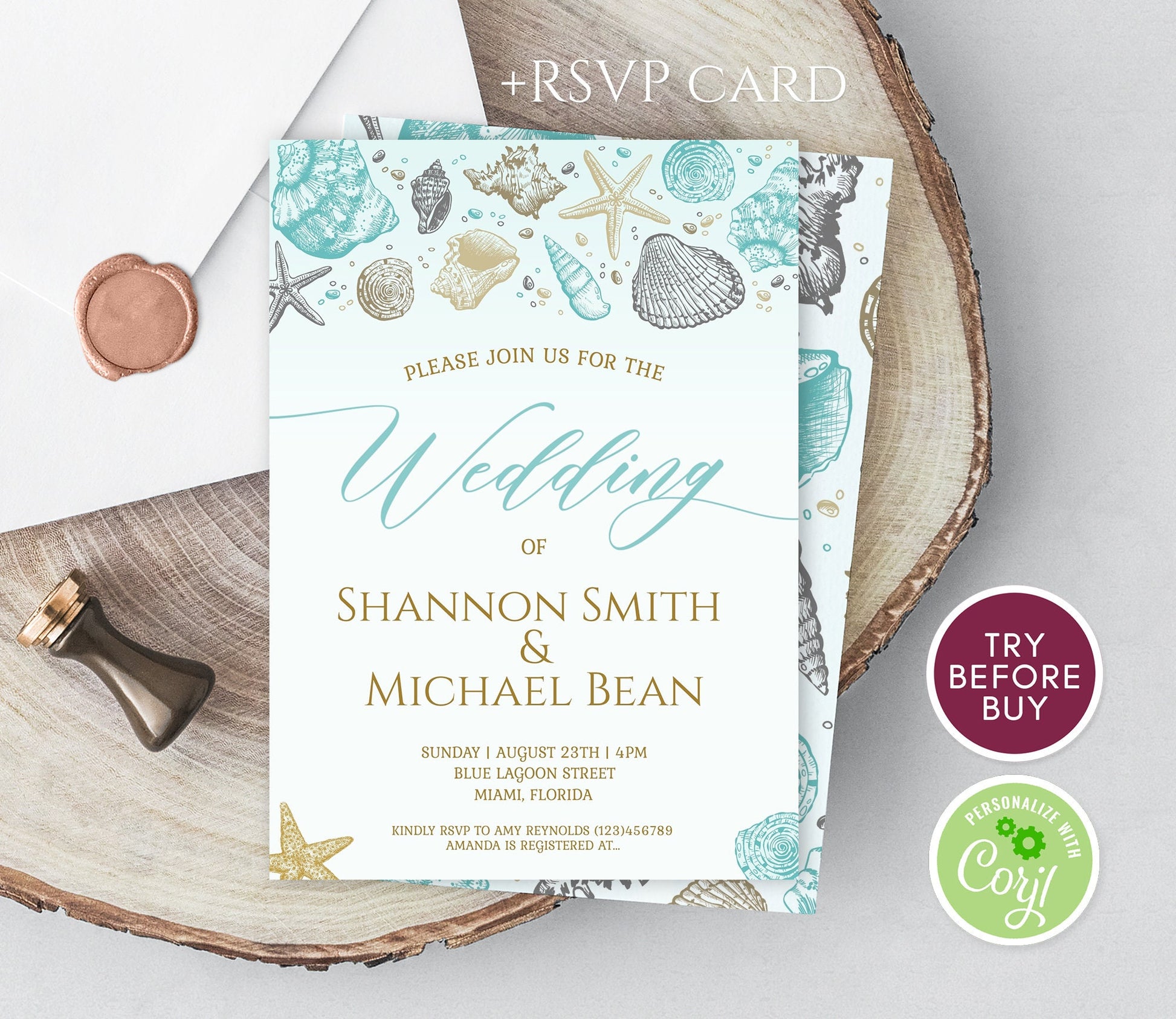 Beach Theme Wedding Invitation Template, Destination Wedding Invite, Gold Ocean Invitation, Seashells Starfish Beach Wedding Invite Download