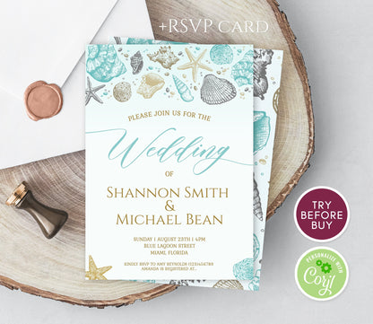 Beach Theme Wedding Invitation Template, Destination Wedding Invite, Gold Ocean Invitation, Seashells Starfish Beach Wedding Invite Download