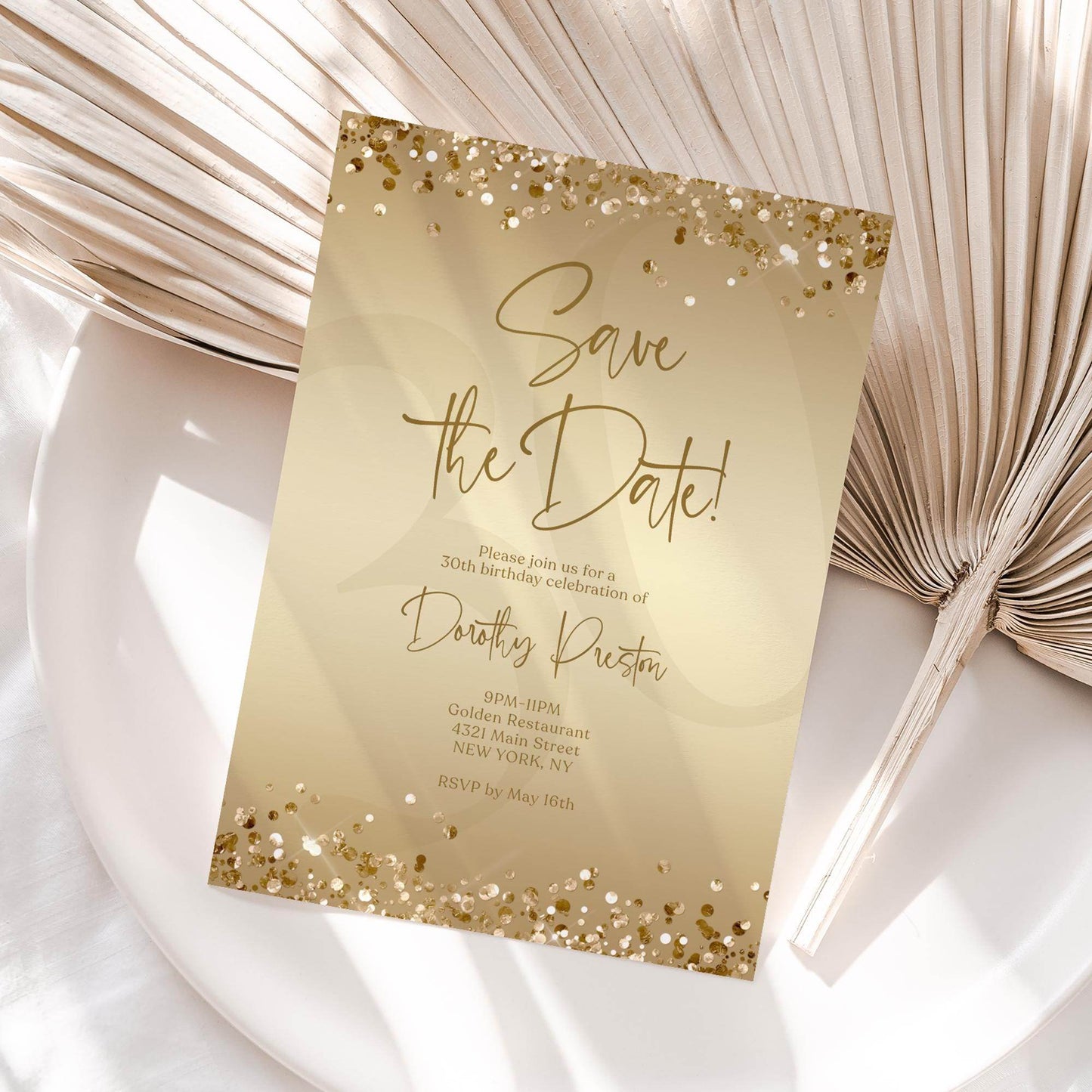 Gold Save the Date Birthday Invitation Template | Editable Any Age Party Invite | Printable Gold Foil Confetti Card | Text Message or Email | Instant Download