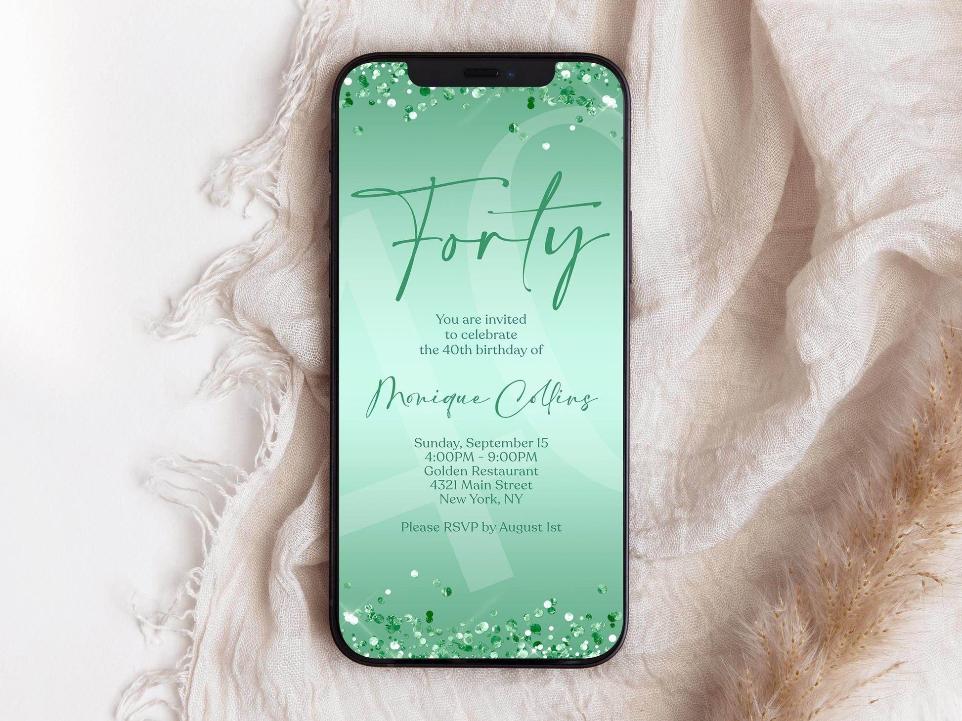 Digital Mint Green 40th Birthday Invitation Template, Electronic Forty Birthday Invite, Mint Foil Confetti Editable Text Message Evite