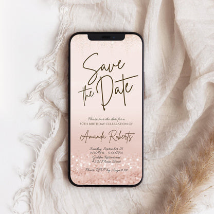 Electronic Save the Date, Rose Gold Glitter Digital Birthday Invitation Template, Editable Invite, Text Message Invitation, Instant Download