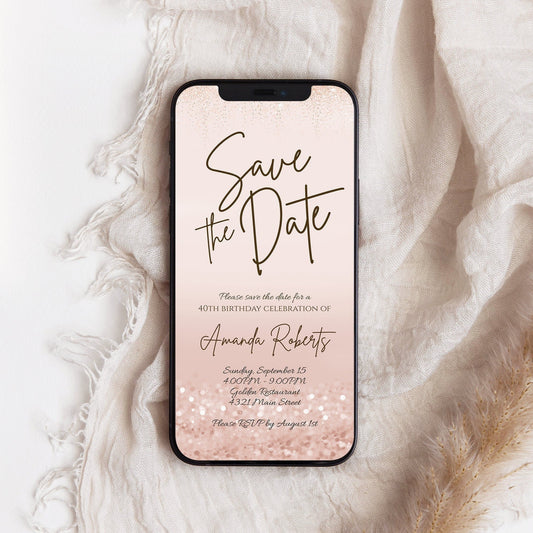 Electronic Save the Date, Rose Gold Glitter Digital Birthday Invitation Template, Editable Invite, Text Message Invitation, Instant Download