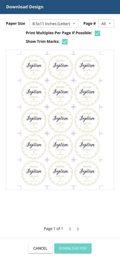 Thank You Baptism Round Tag Template | Printable First Communion Favor Tag | Gold Wreath Christening Tag | Boy Girl Baptism | Instant Download
