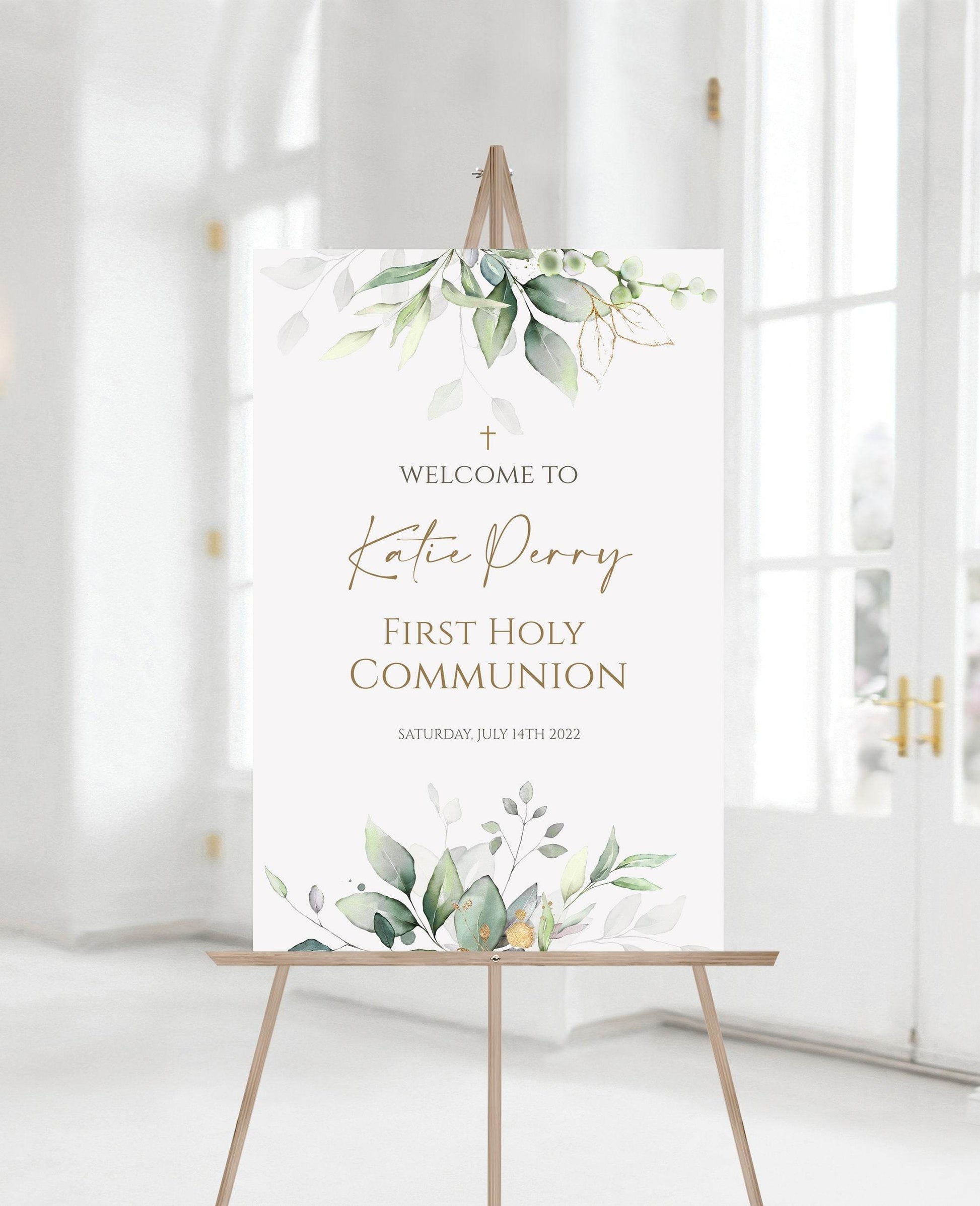 Greenery Communion Welcome Sign, First Holy Communion Poster, Eucalyptus Gold Leaves, Sage Leaves, Boho Cross Welcome Template, Boy or Girl