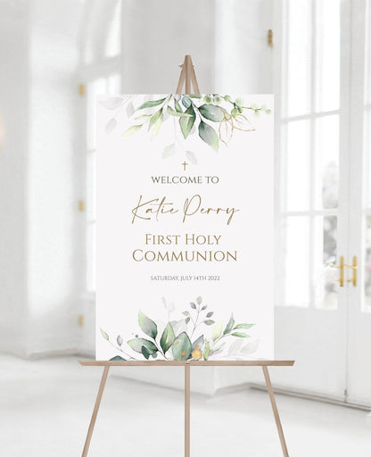 Greenery Communion Welcome Sign, First Holy Communion Poster, Eucalyptus Gold Leaves, Sage Leaves, Boho Cross Welcome Template, Boy or Girl