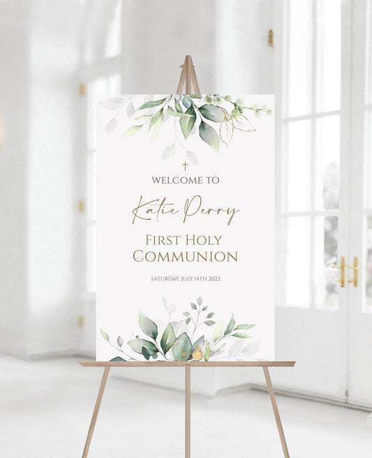 Greenery Communion Welcome Sign, First Holy Communion Poster, Eucalyptus Gold Leaves, Sage Leaves, Boho Cross Welcome Template, Boy or Girl